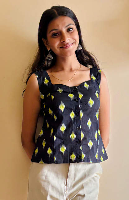 Black Ikkat Sleeveless Summer Cotton Top