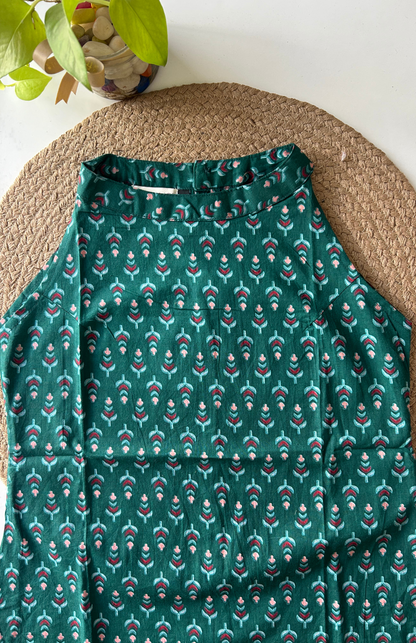 Bottle Green Cotton Halter Neck Short Kurti