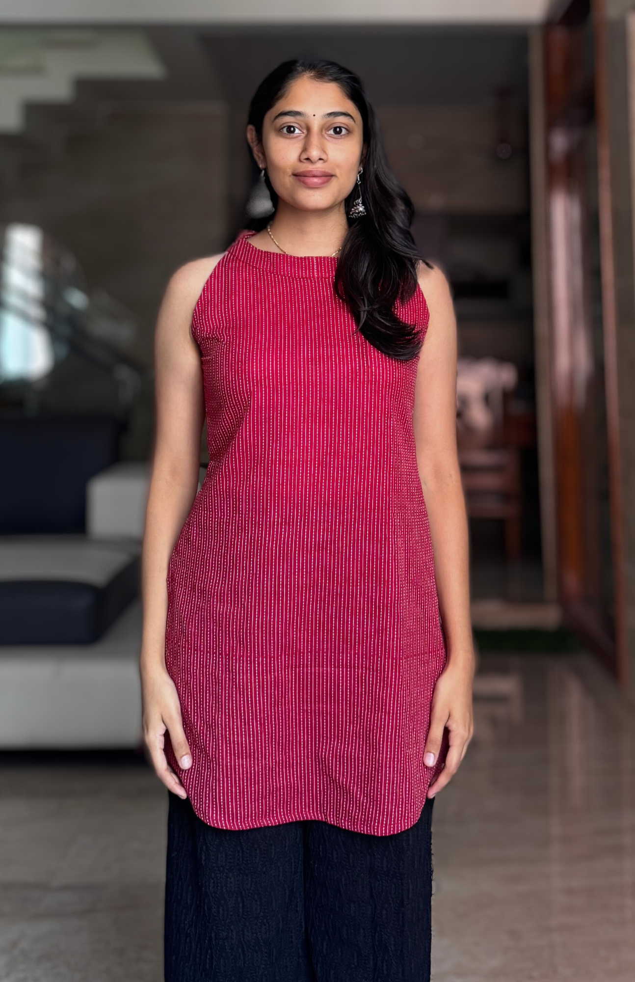 Ruby Kantha Work Cotton Halter Neck Short Kurti