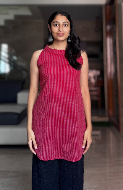 Ruby Kantha Work Cotton Halter Neck Short Kurti