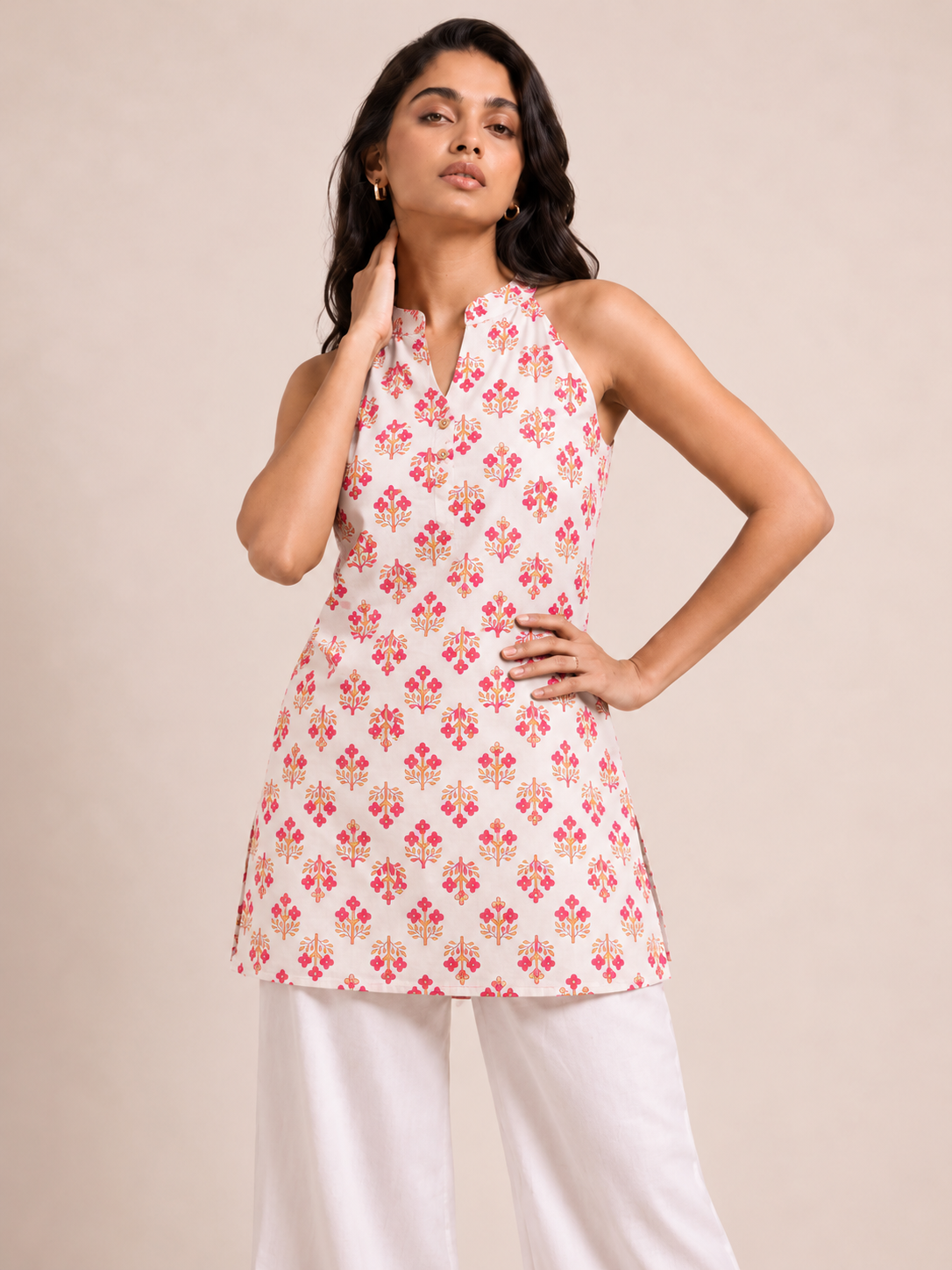 White Floral Short Kurti