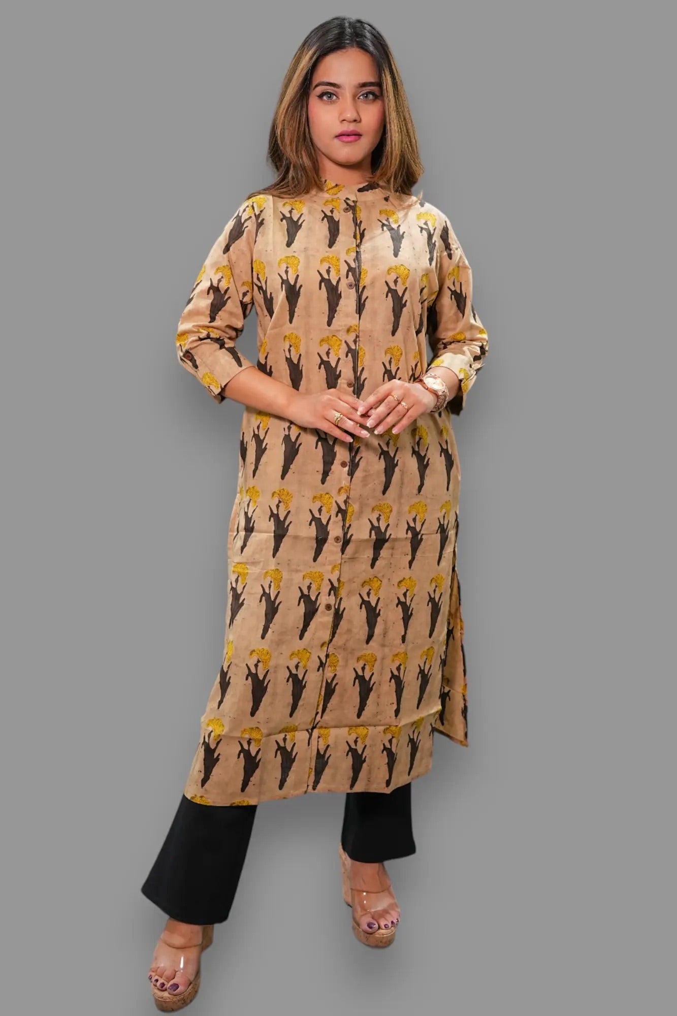 dreamy mandarin collar beige cotton kurti