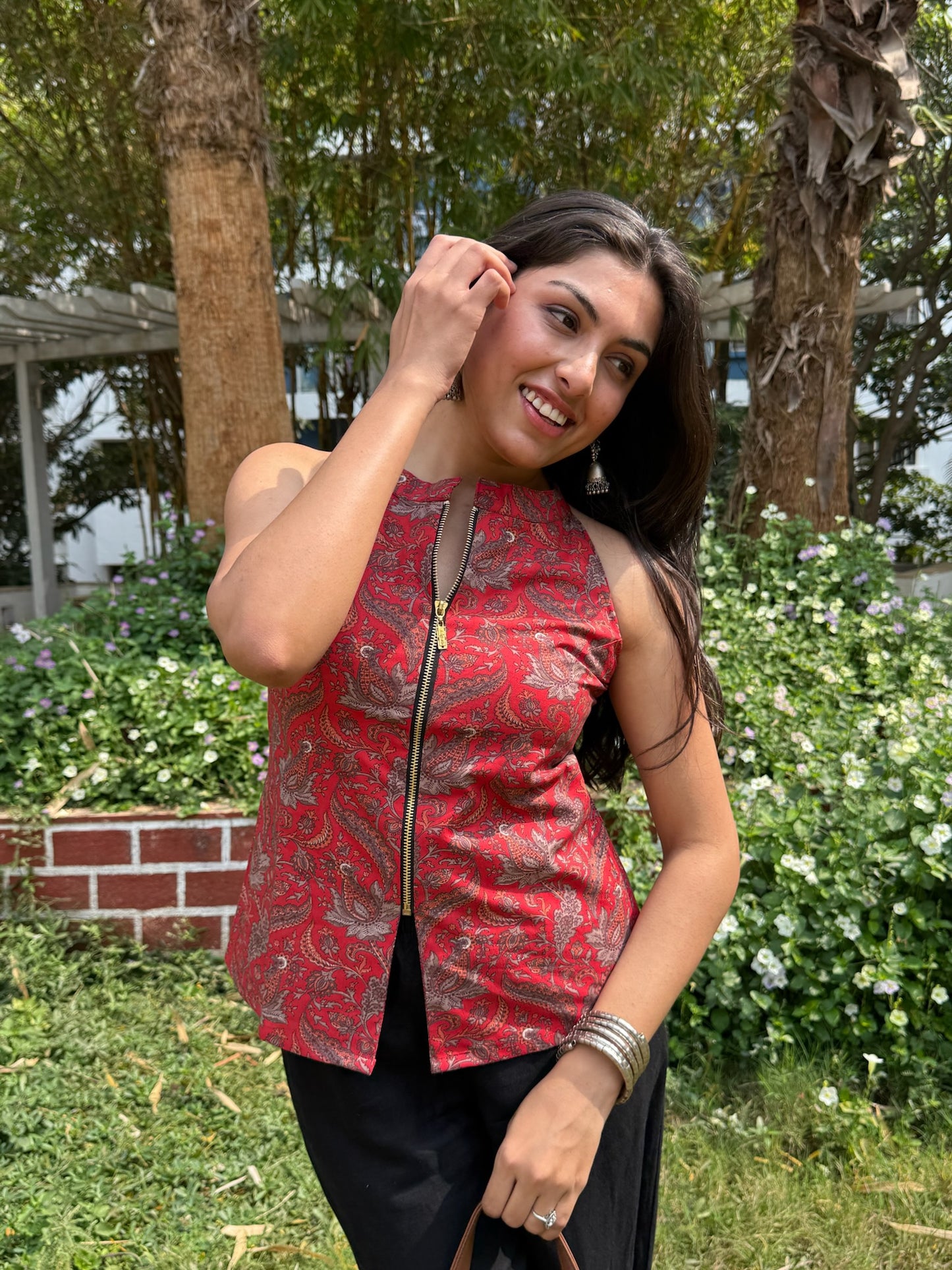 Red Kalamkari Cotton Halter Neck Zip Front Top for Women