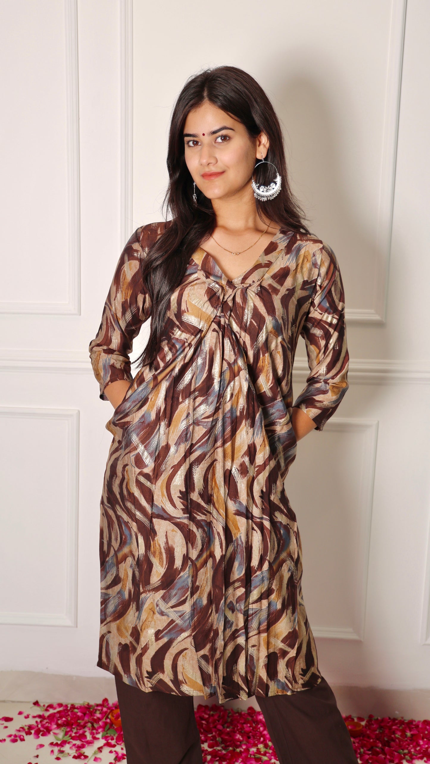 Coffee Comfort V-Neck Kurta and Pants Set
