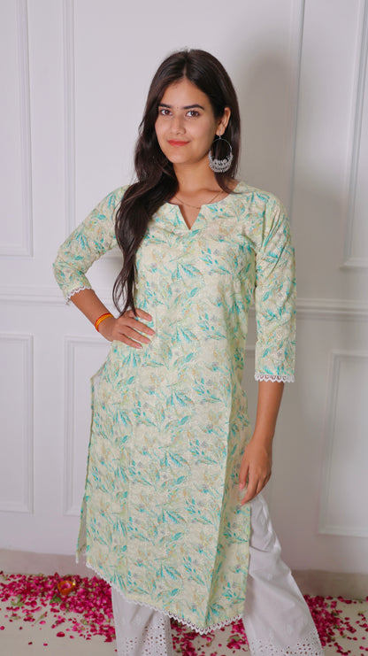 Leafy Luxe Embroidered Kurti & Cut-work White Pant Set