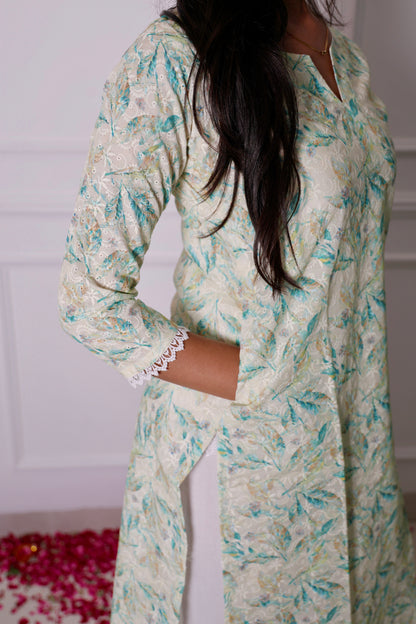 Leafy Luxe Embroidered Kurti & Cut-work White Pant Set