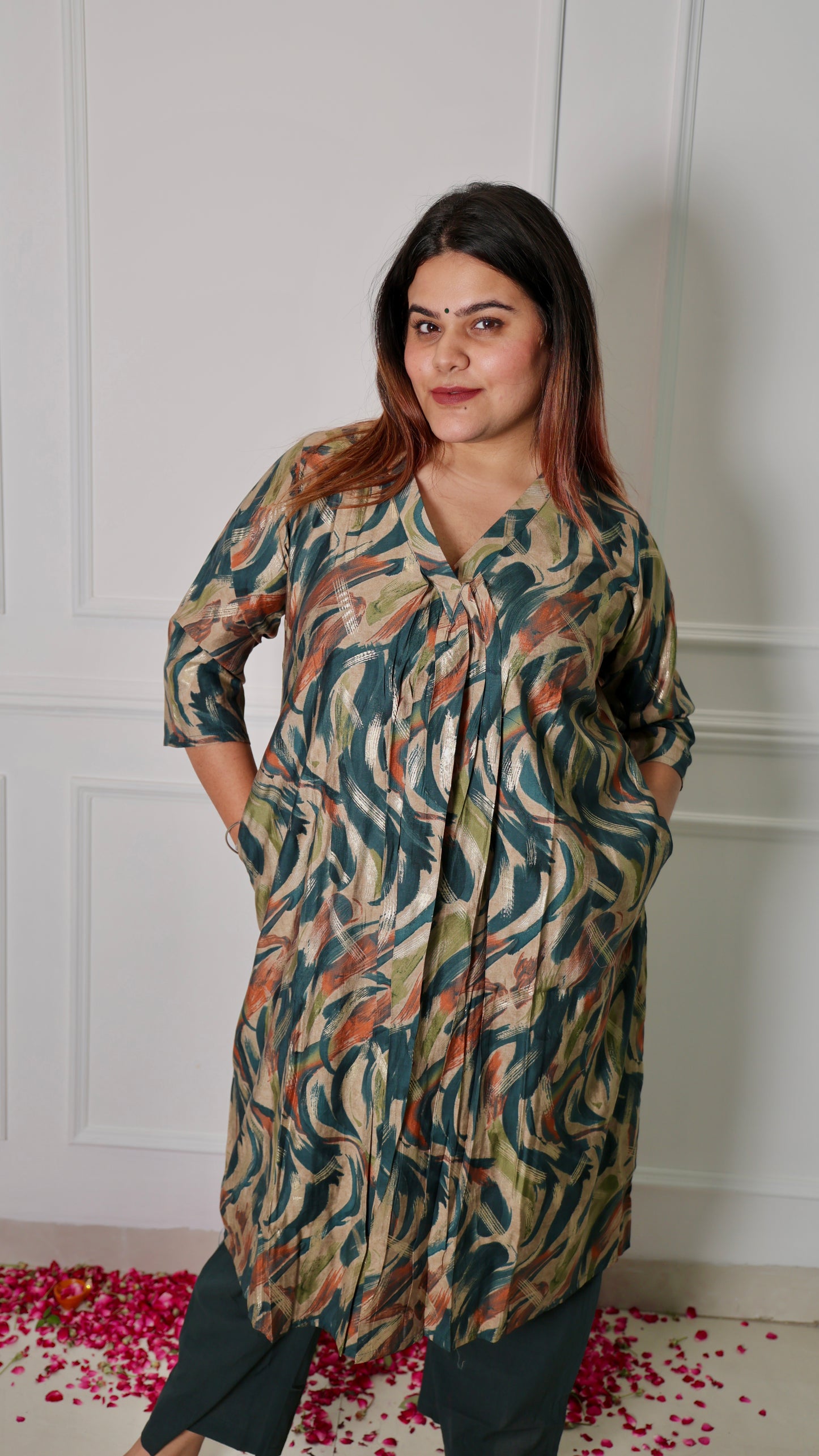 Teal Blue V-Neck Kurti with Elasticated Pants Set
