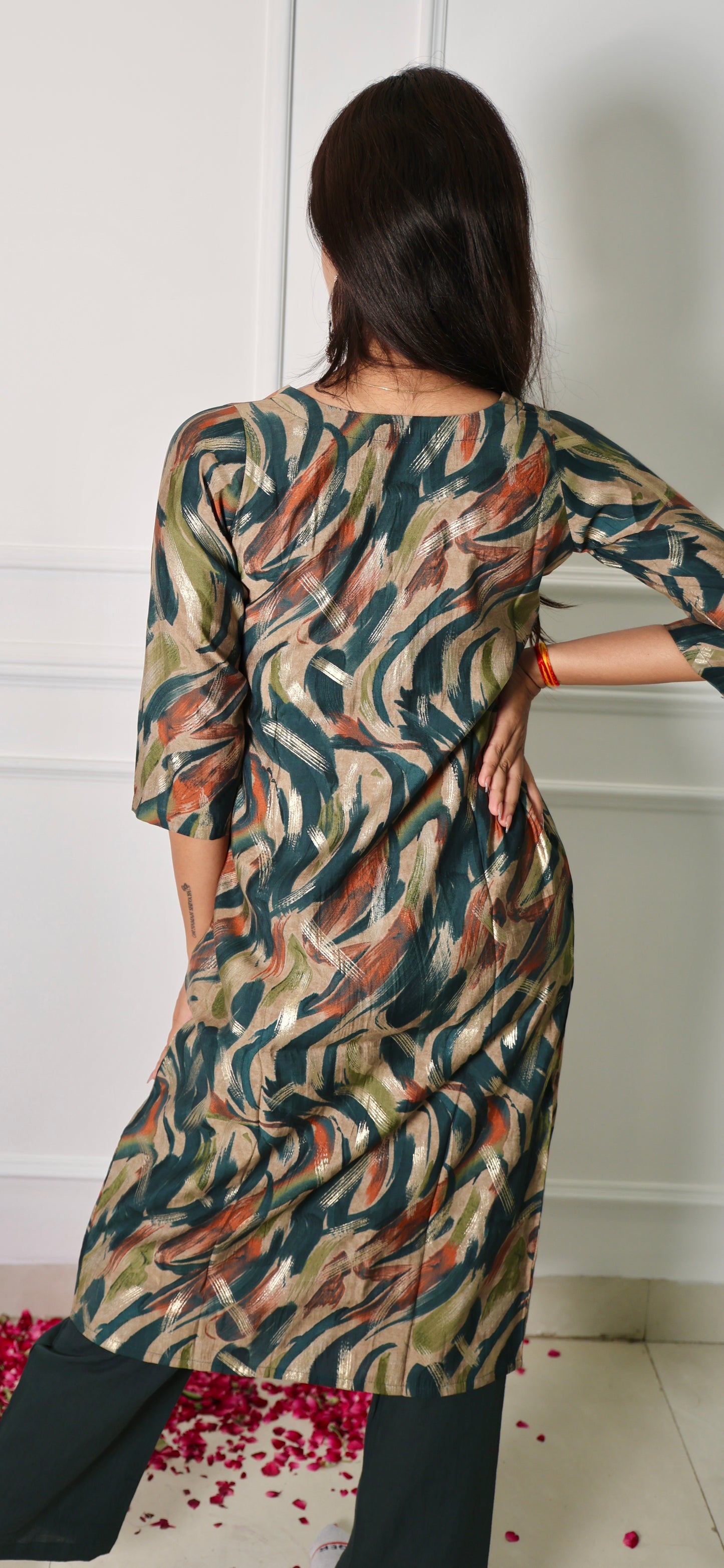 Teal Blue V-Neck Kurti with Elasticated Pants Set