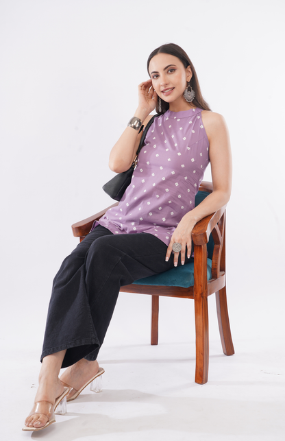lavender halter neck short kurti for college wear