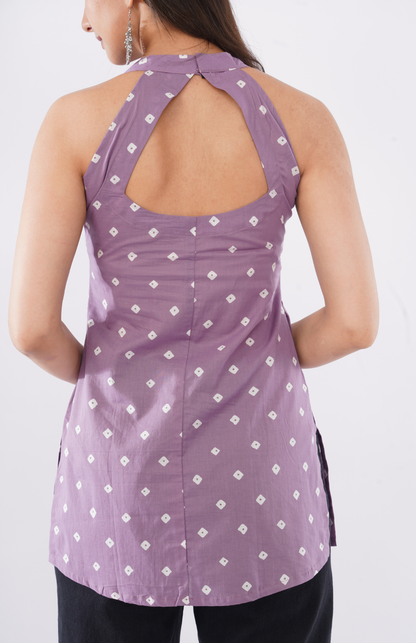 lavender bandhani cotton halter neck short kurti for women