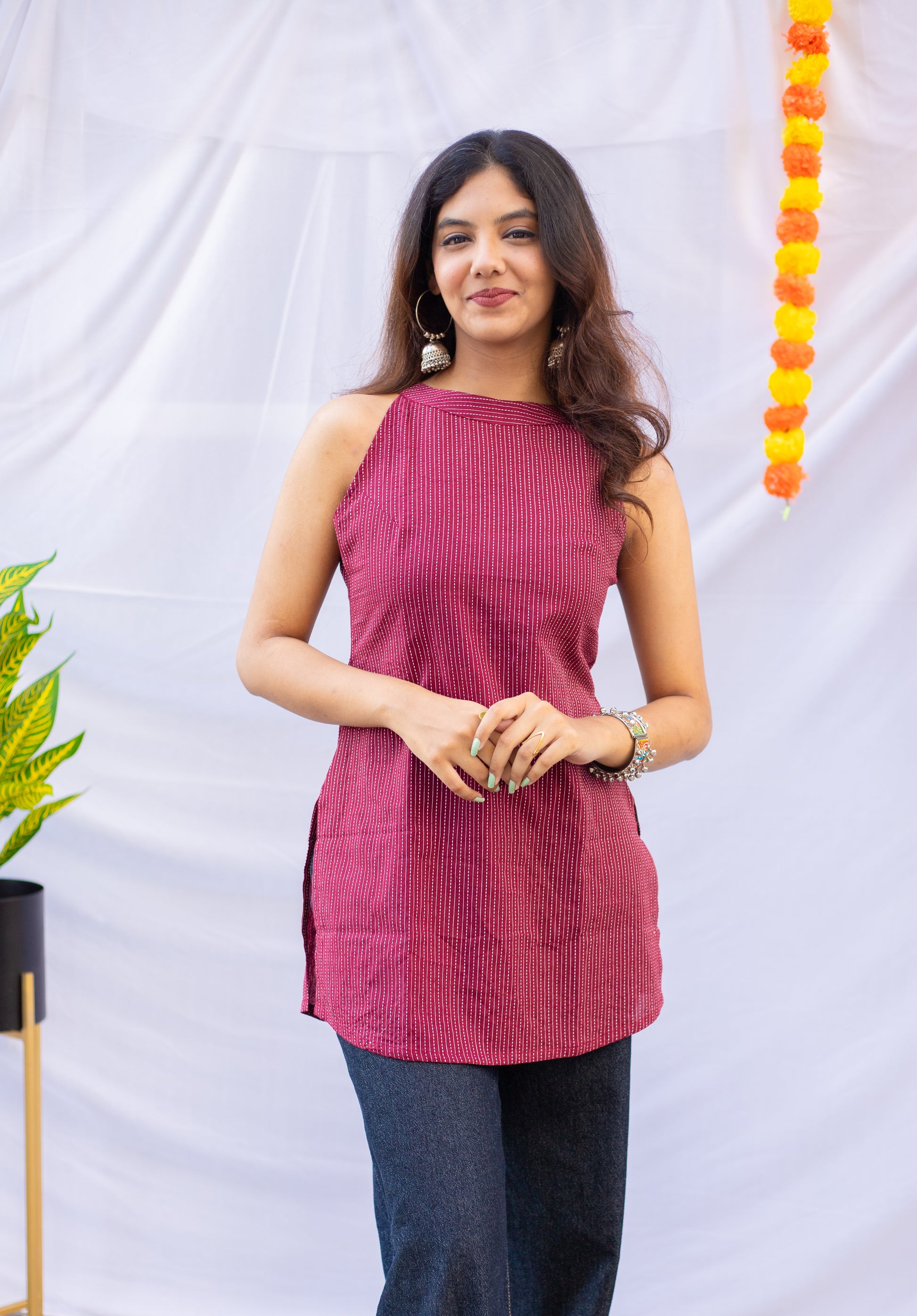 Dark Maroon Kantha Work Halter Neck Short Kurti with Pockets