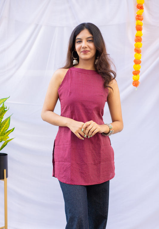 Dark Maroon Kantha Work Halter Neck Short Kurti with Pockets