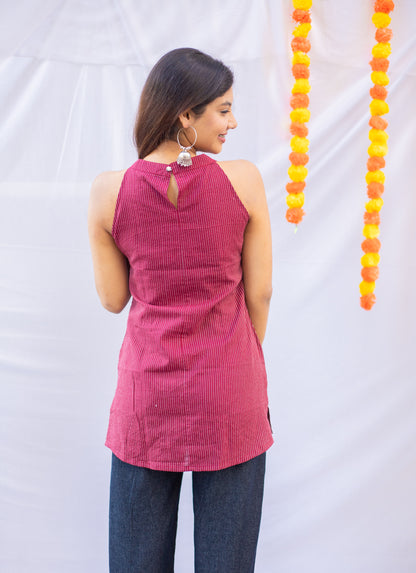 Dark Maroon Kantha Work Halter Neck Short Kurti with Pockets