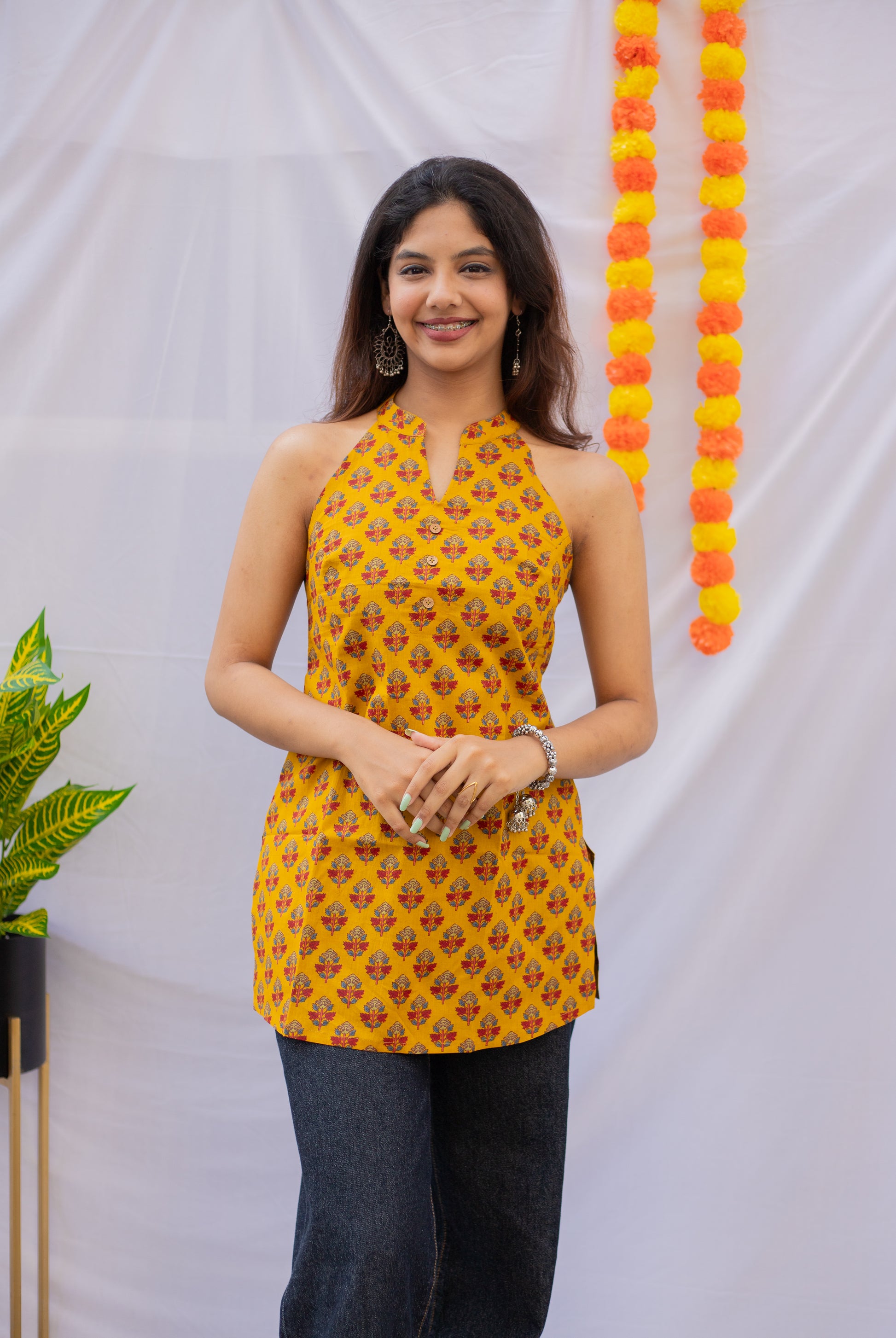 Mustard Color Sanganeri Print Short Kurti