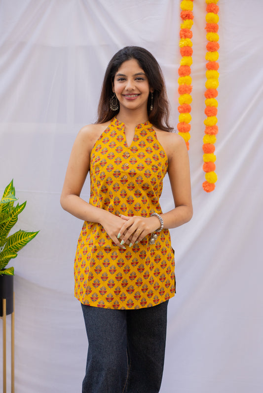 Mustard Color Sanganeri Print Short Kurti
