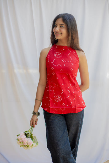 Red Bandhani Halter Neck Cotton Top
