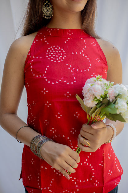Red Bandhani Halter Neck Cotton Top