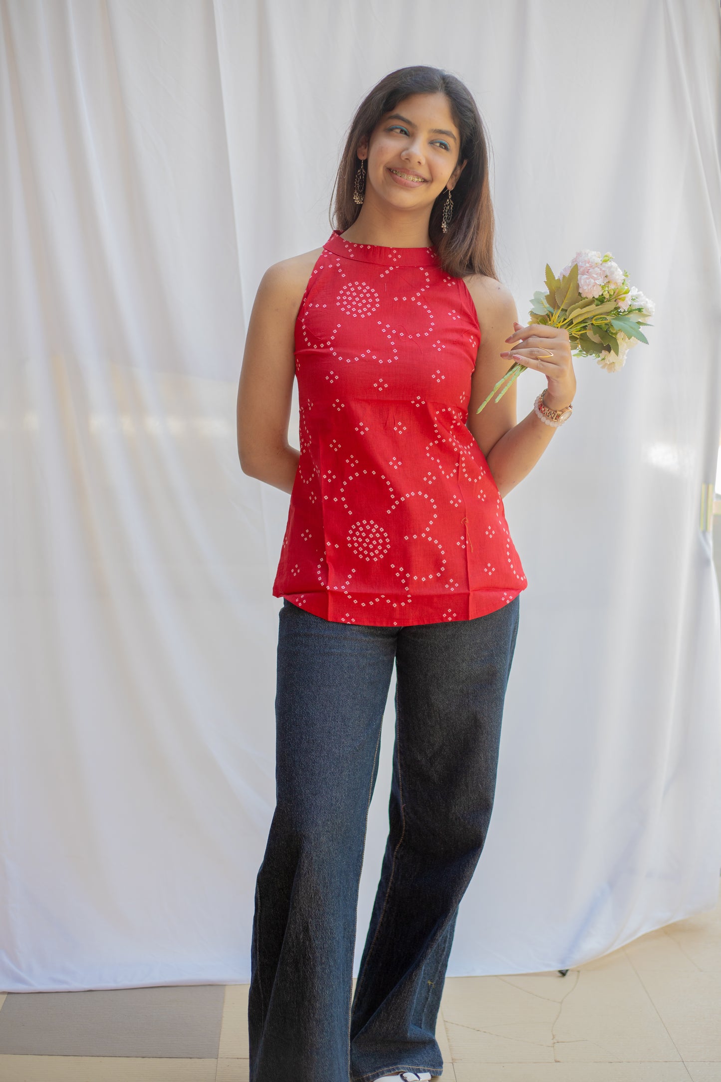 Red Bandhani Halter Neck Cotton Top