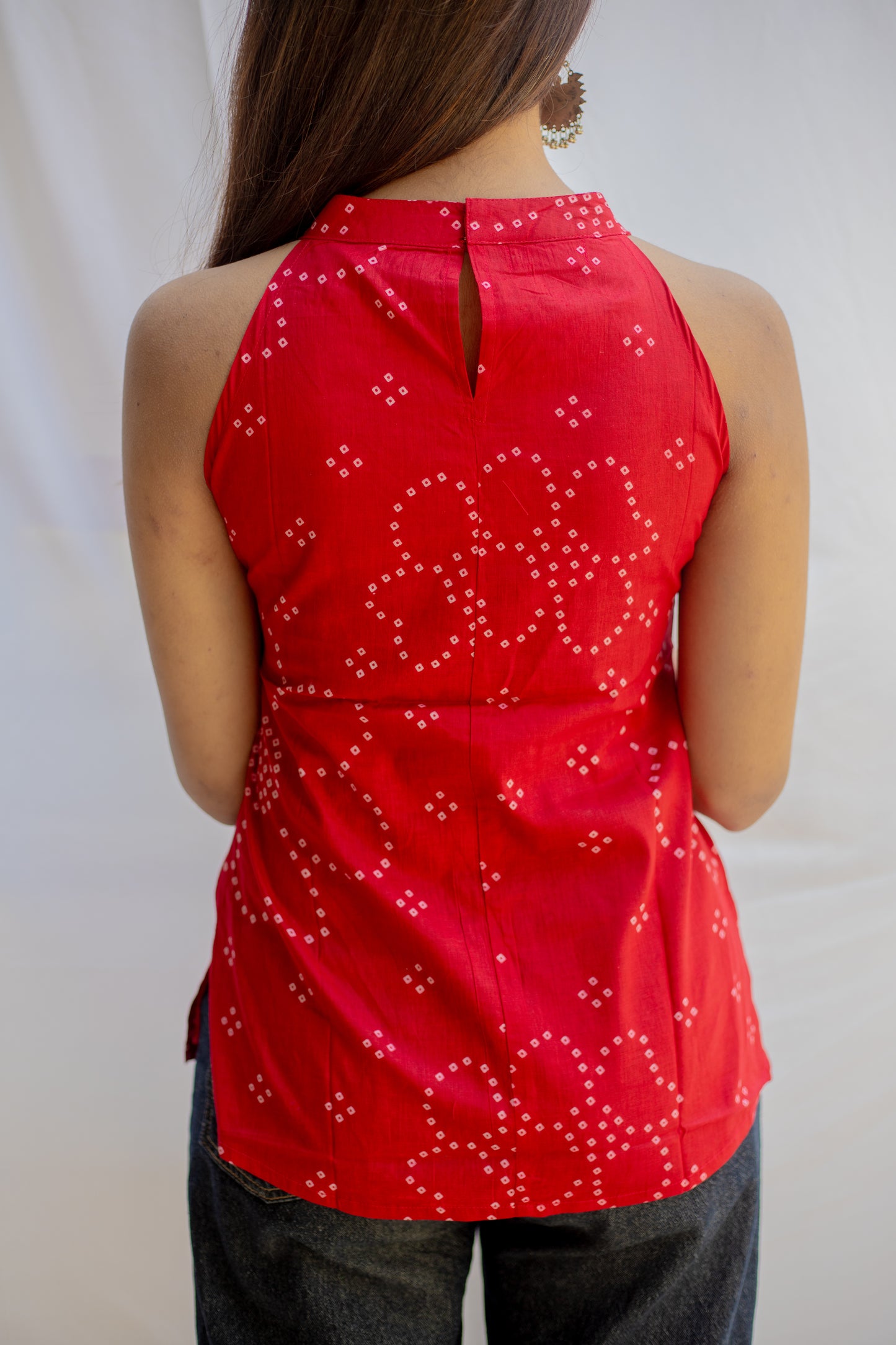 Red Bandhani Halter Neck Cotton Top