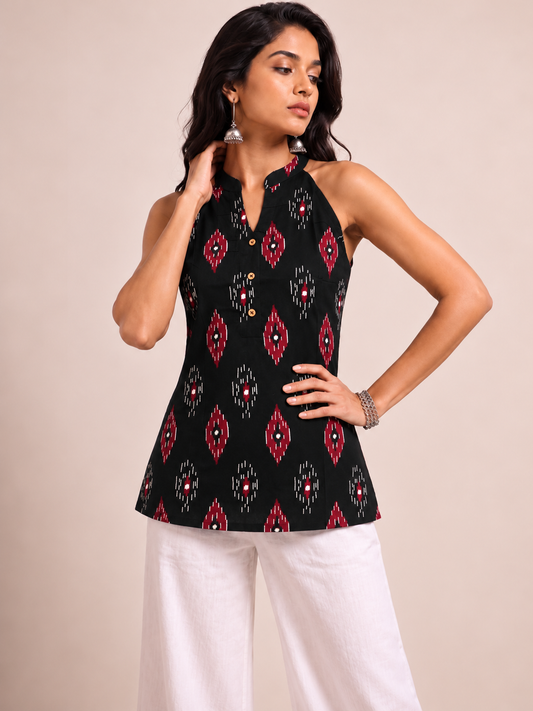 Black Ikat Collar Top