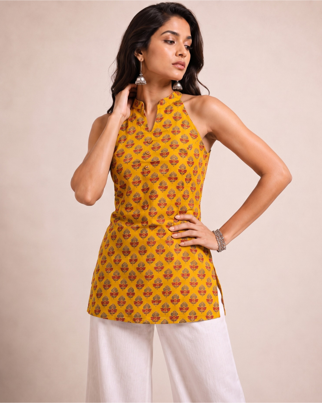 Mustard Short Kurti Halter Neck
