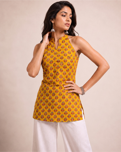 Mustard Short Kurti Halter Neck