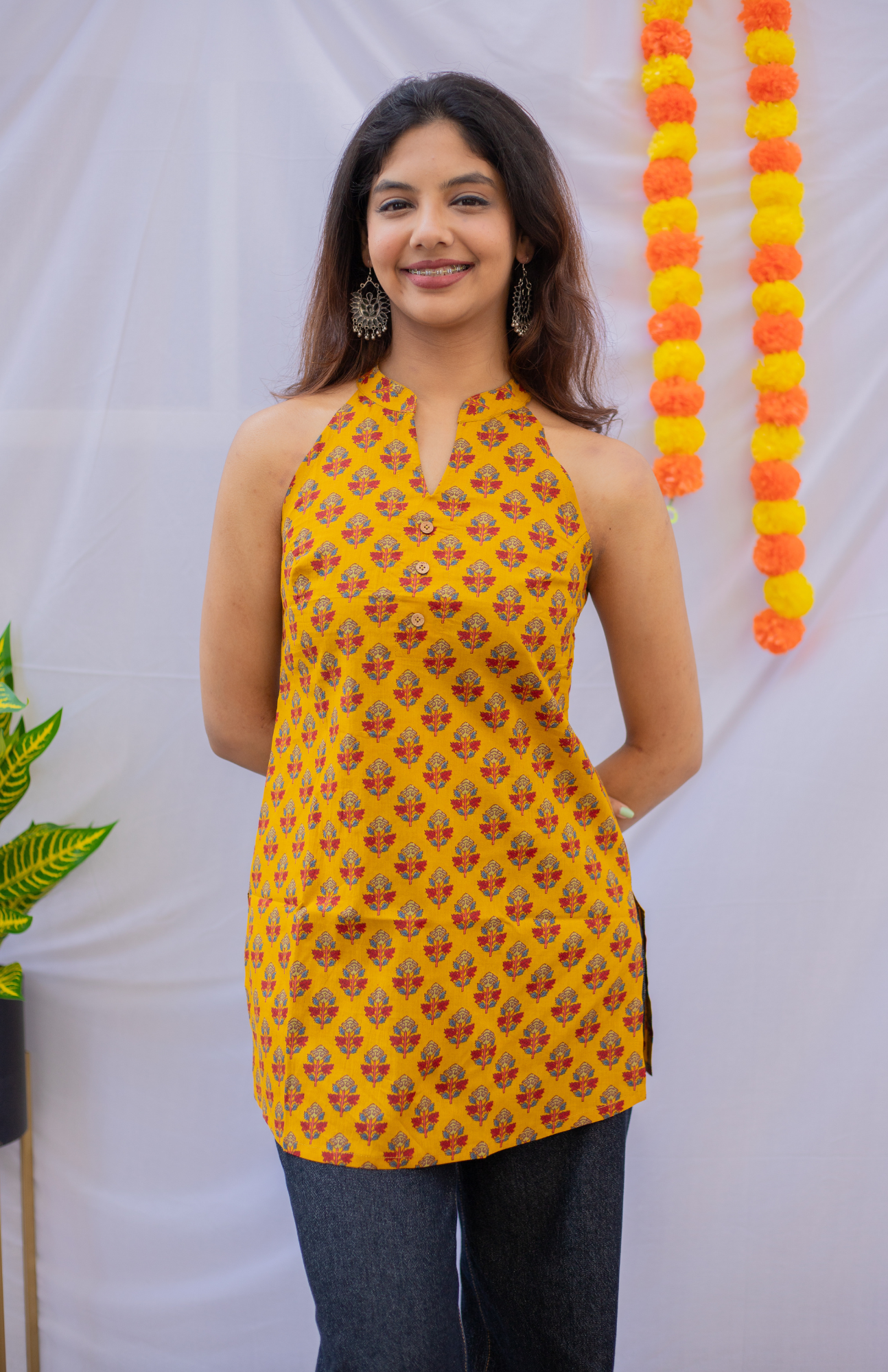 Mustard Yellow Sanganeri Print Short Kurti with Pocket