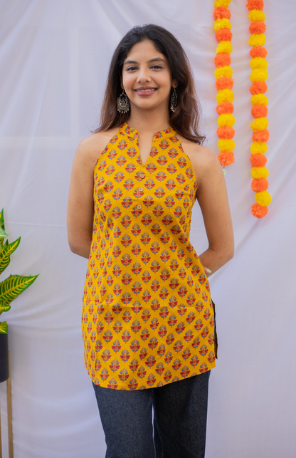 Mustard Yellow Sanganeri Print Short Kurti with Pocket