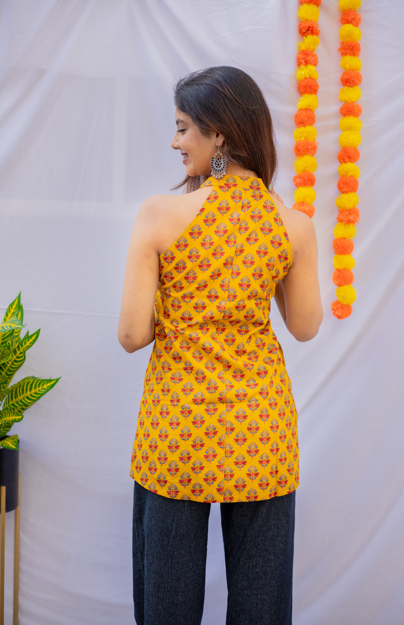 Mustard Yellow Color halter Neck Short Kurti