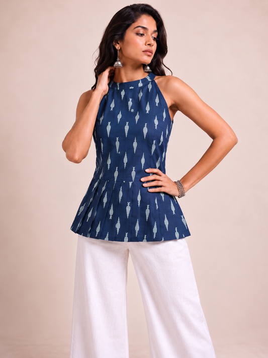 Navy Leaf Peplum Top