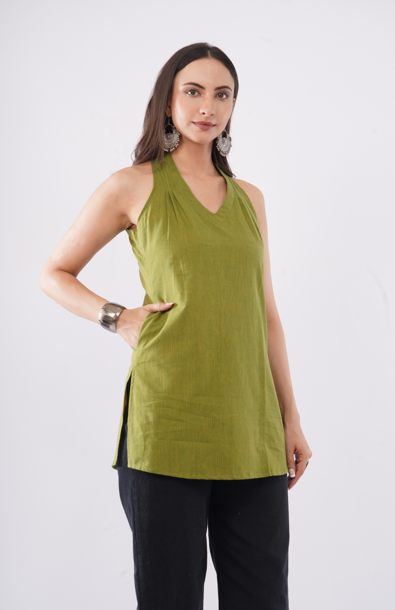 solid cotton halter neck kurti with pocket