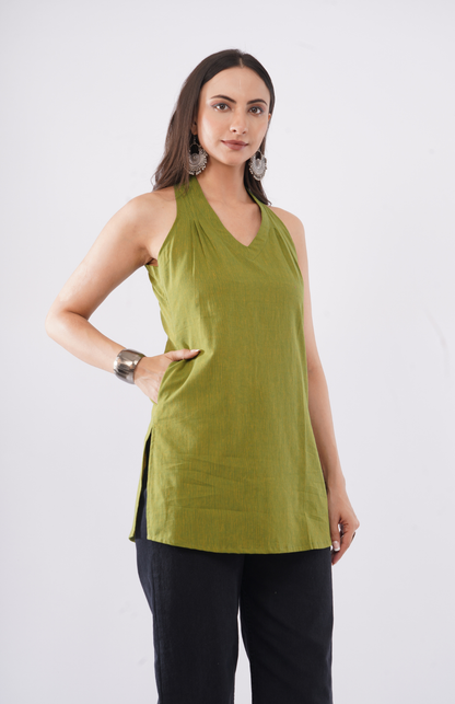 solid cotton halter neck kurti with pocket