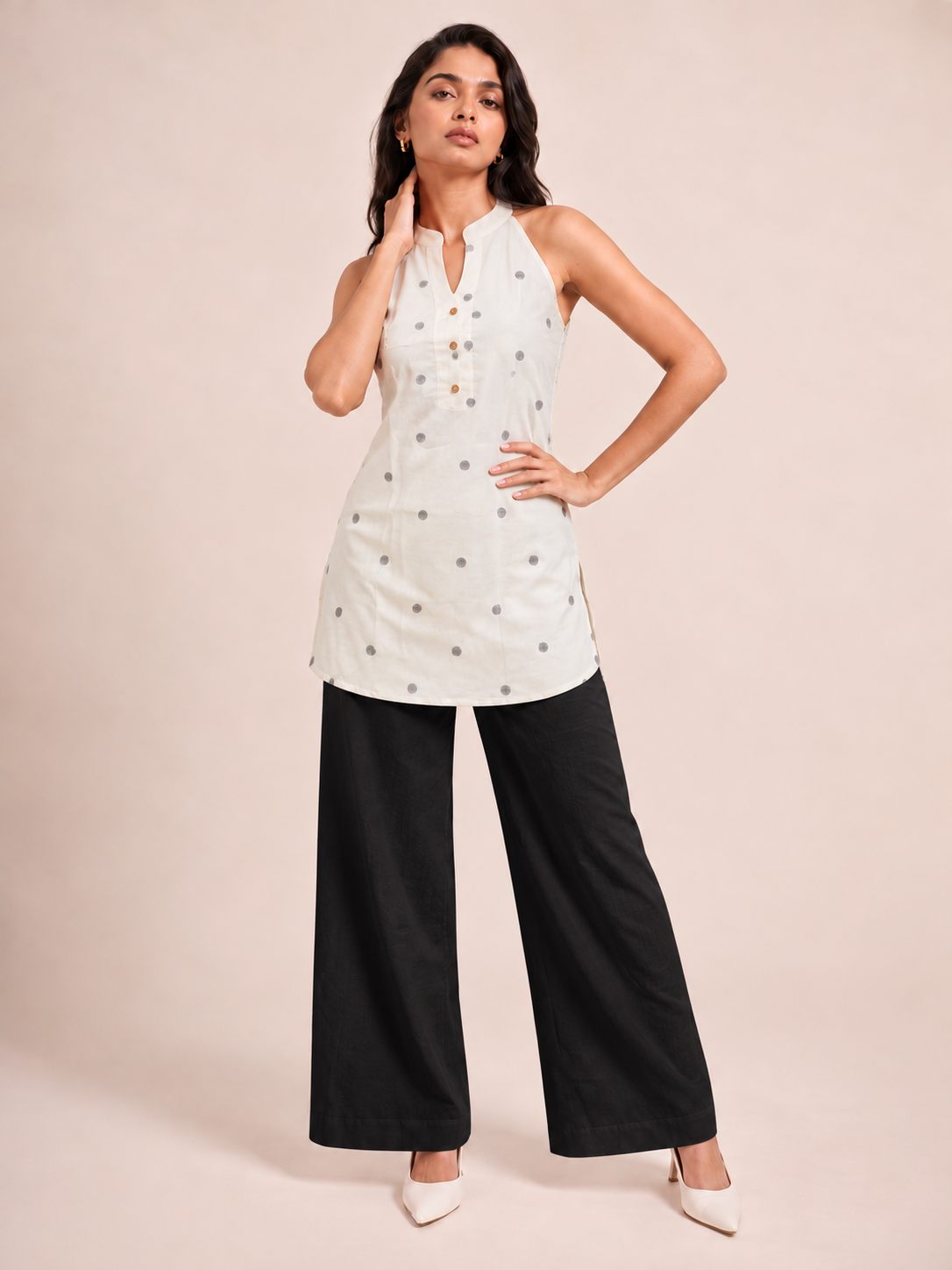 Cream Polka Halter Neck Short Kurti