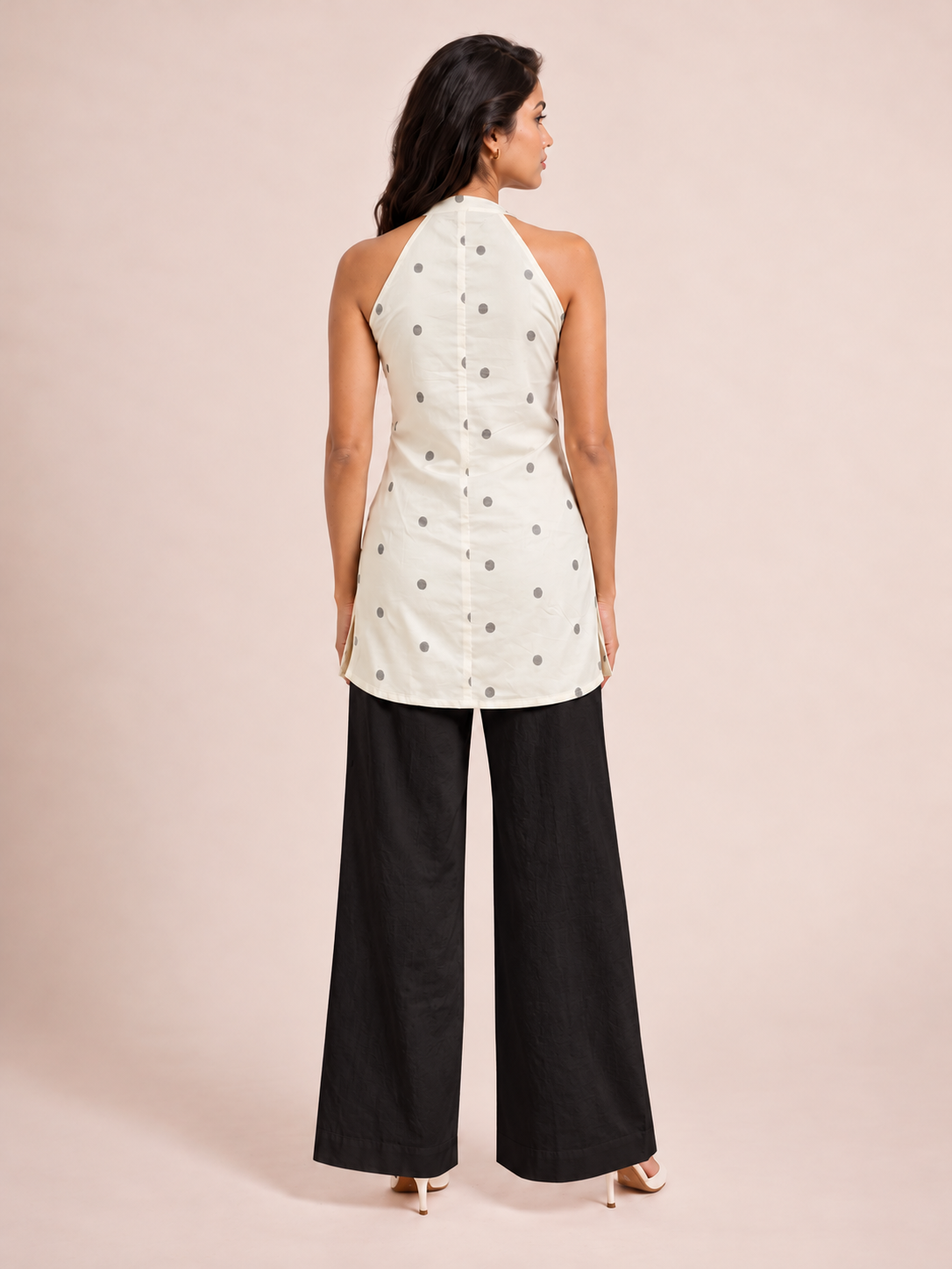 Cream Polka Halter Neck Short Kurti