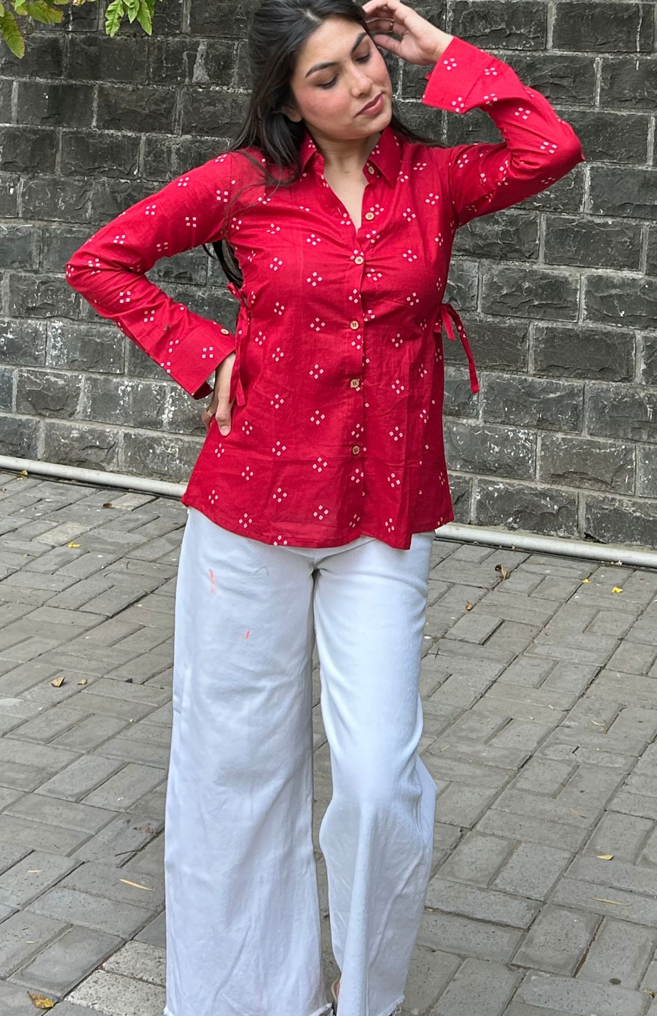 Red Bandhani Shirt with Adjustable Waist Tie and Full Sleeves