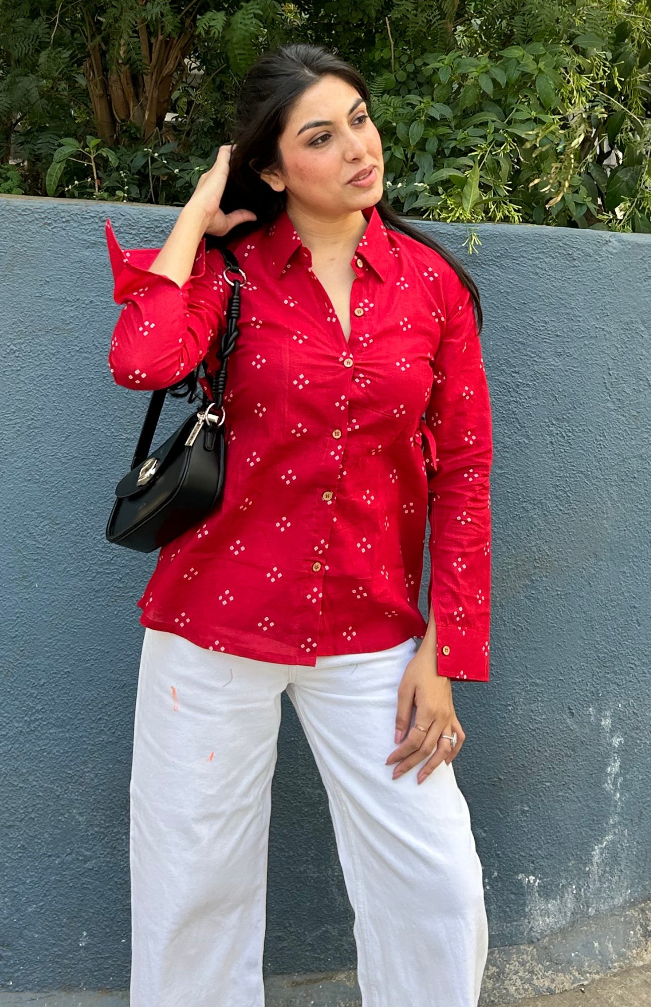 RedBandhaniFullSleeveCottonShirtwithAdjustableWaistTie