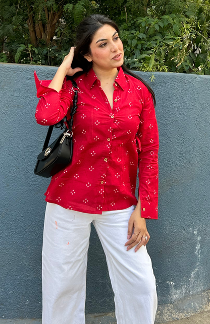 RedBandhaniFullSleeveCottonShirtwithAdjustableWaistTie