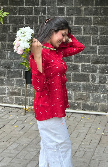 Red Bandhani Shirt with Adjustable Waist Tie