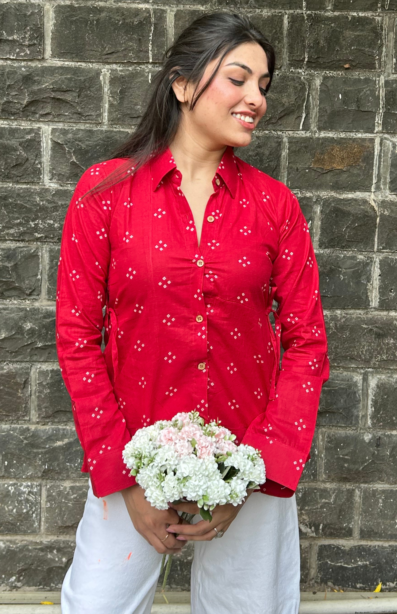 red bandhani cotton office wear shirt for women front view