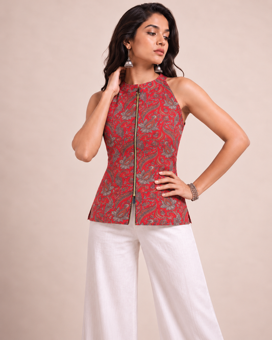 Red Kalamkari Zip Top