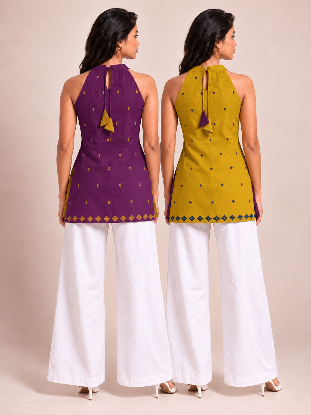 Back view of purple reversible short kurti showing the halter neckline and tie-up detail