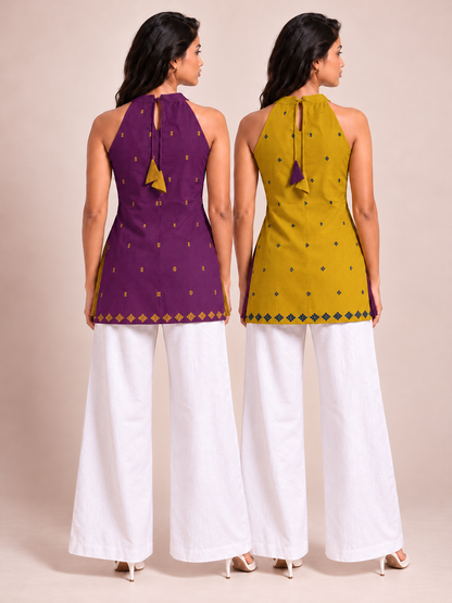 Back view of purple reversible short kurti showing the halter neckline and tie-up detail