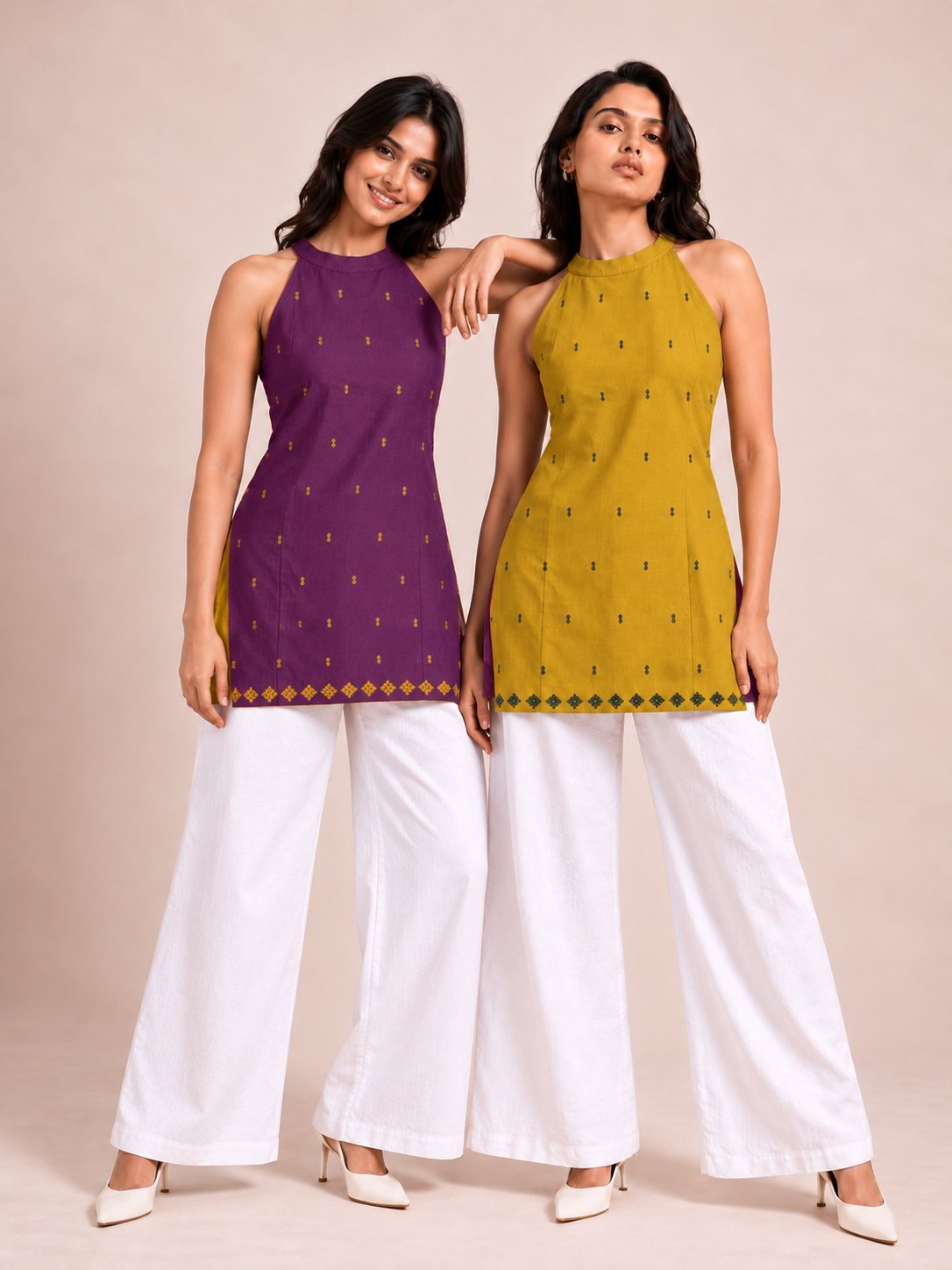 Purple side of reversible halter neck short kurti with mustard motifs