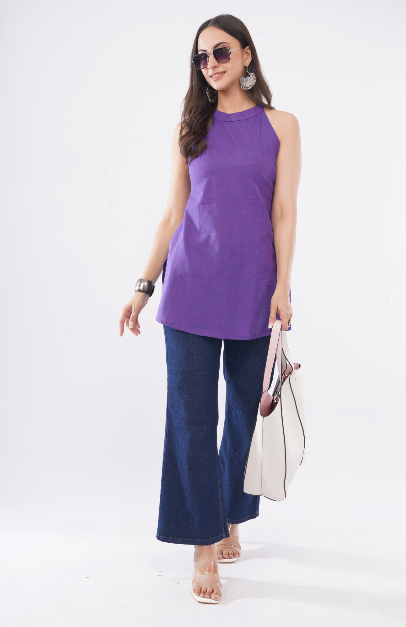 royal purple South cotton halter neck short kurti for women