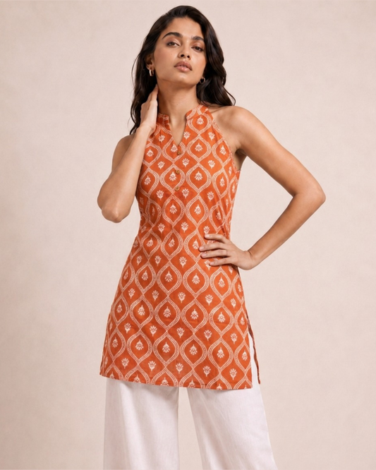 RustOrangeHalterNeckShortKurti