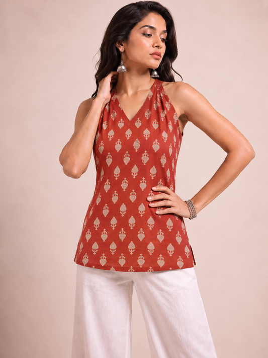 Rust Leaf Print Halter Neck Top