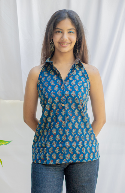 Ink Blue Color Ajrakh Print Halter Neck Collar Shirt
