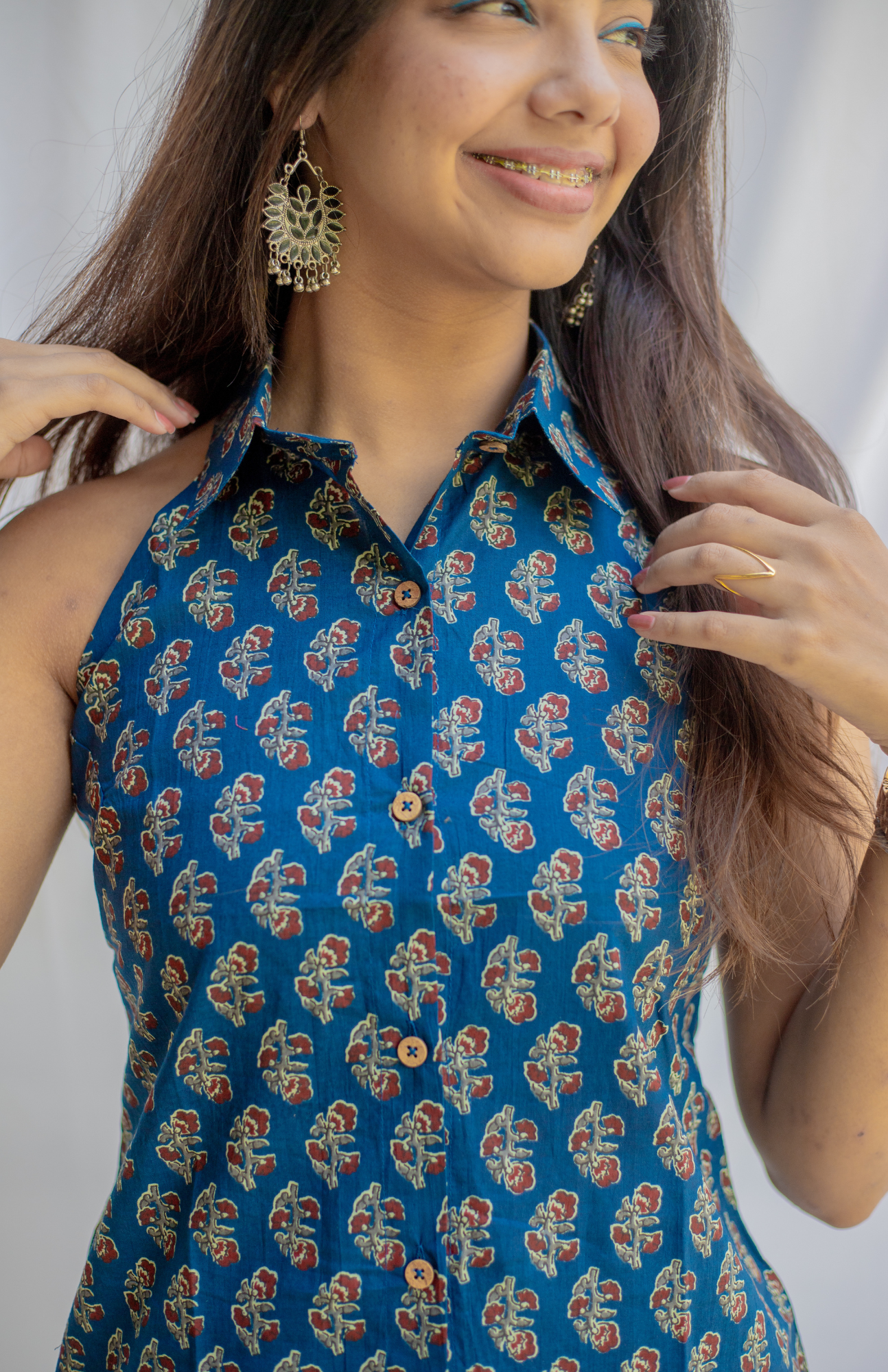 Ink Blue Color Ajrakh Print Halter Neck Collar Shirt