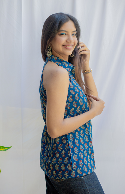 Ink Blue Color Ajrakh Print Halter Neck Collar Shirt