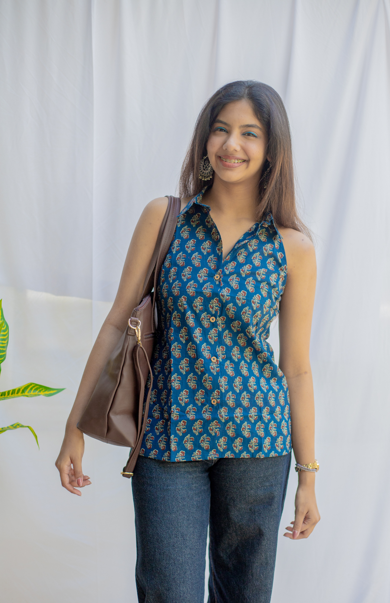 Ink Blue Color Ajrakh Print Halter Neck Collar Shirt